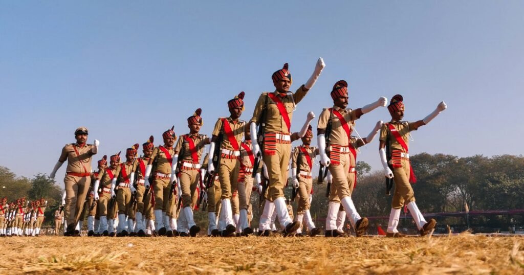 Indian Army soldiers in uniform marching in formation during the Republic Day parade in New Delhi