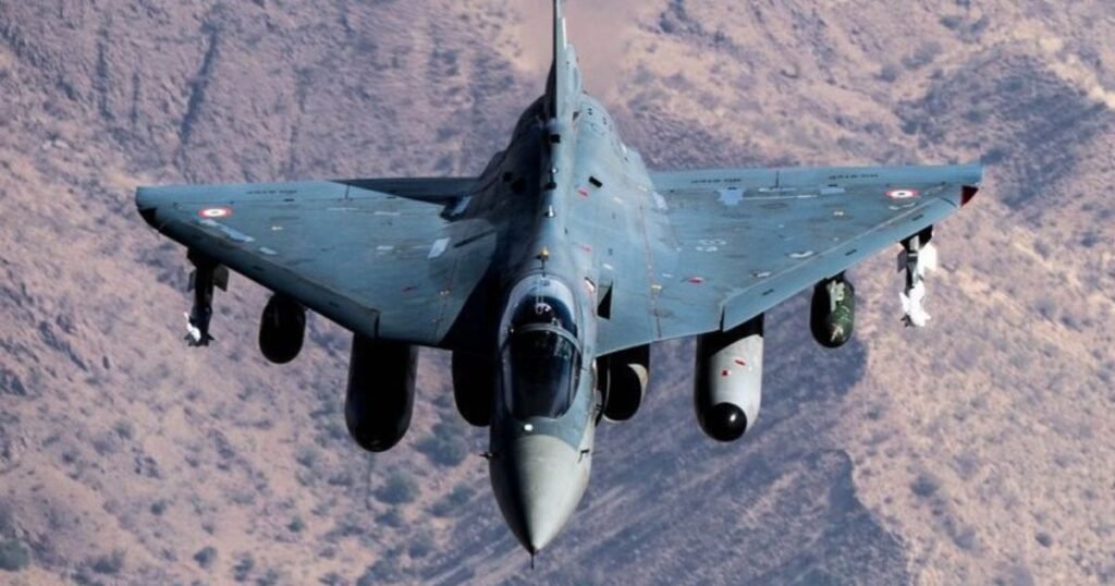 HAL Tejas light combat aircraft of the Indian Air Force in flight